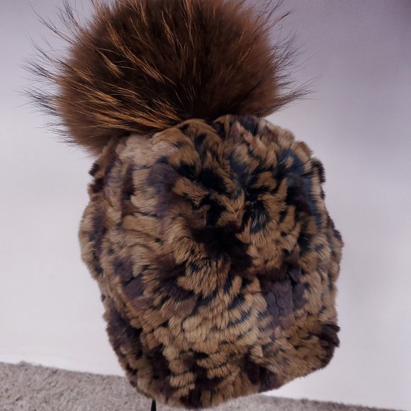 SALE Brown Knitted Rex Rabbit Fur Beanie with Fox Pom - Picture 1 of 2